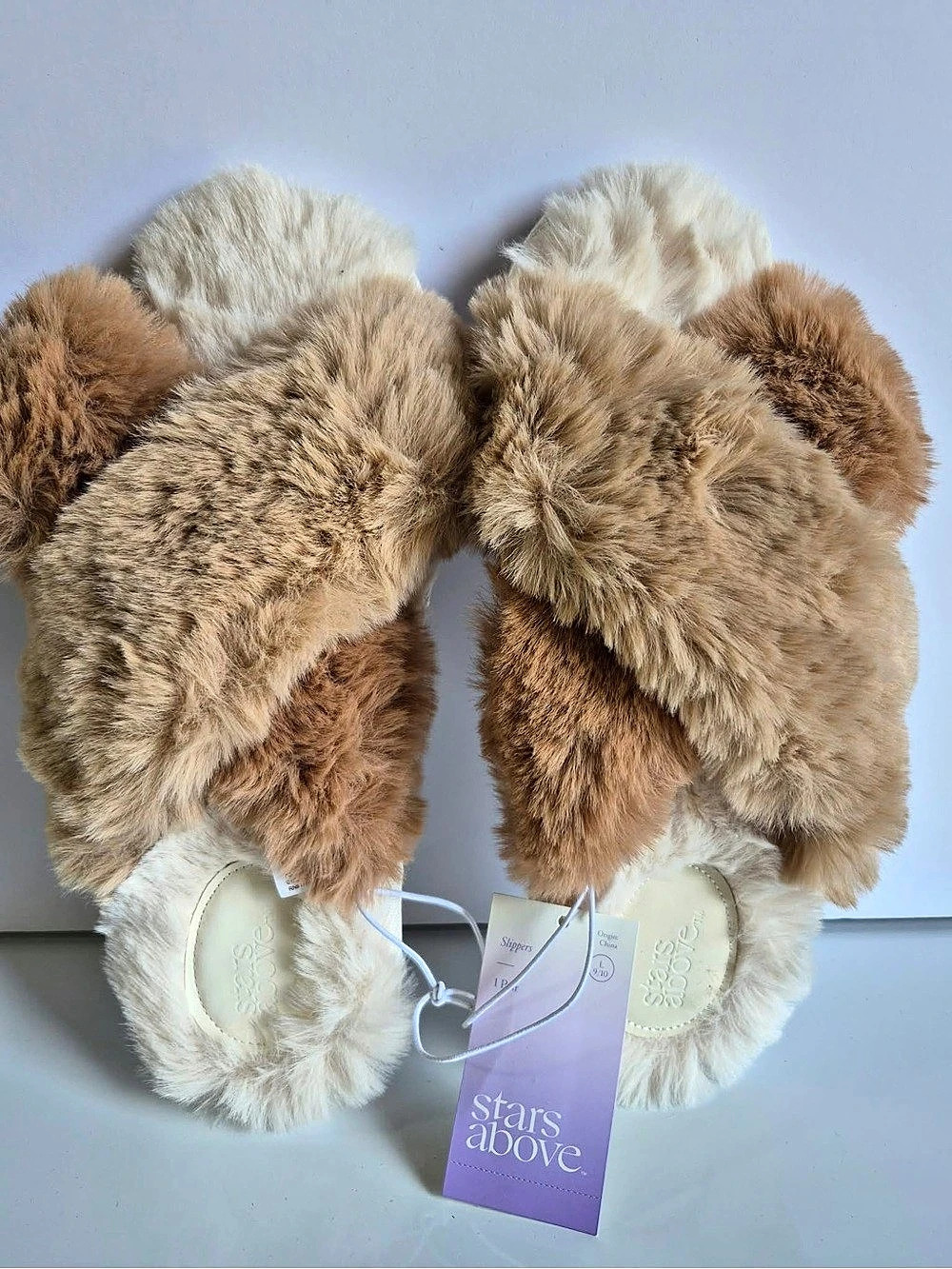 Stars Above Paris Crossband Faux Fur Slide Slippers Brown & Cream